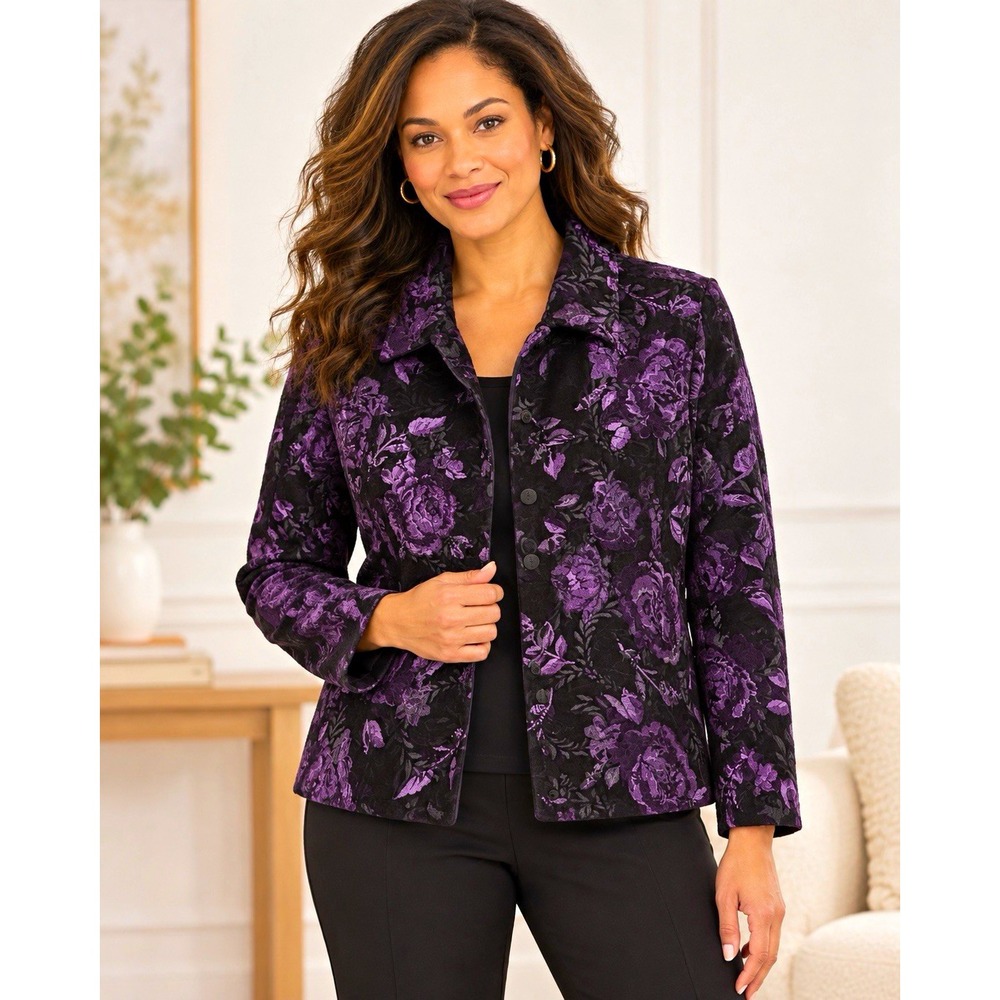 Coldwater Creek Women Black Purple Floral Vel Jacquard Jacket Sz M Button Front